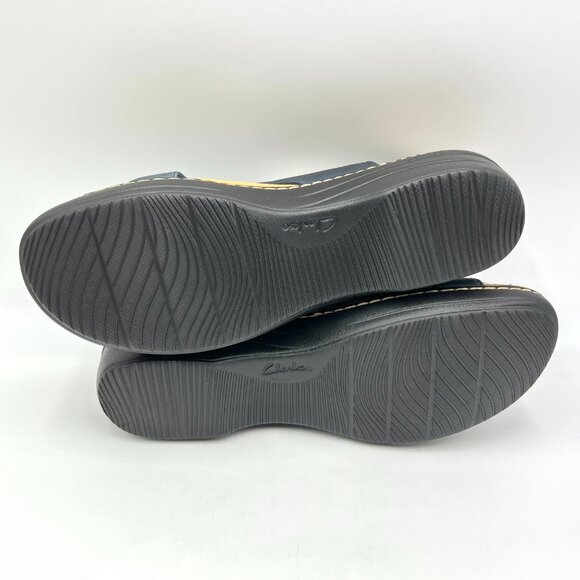 Clarks Womens Size 12‎ Merliah Echo Navy Blue Leather Low Wedges Sandals Shoes - Picture 9 of 14